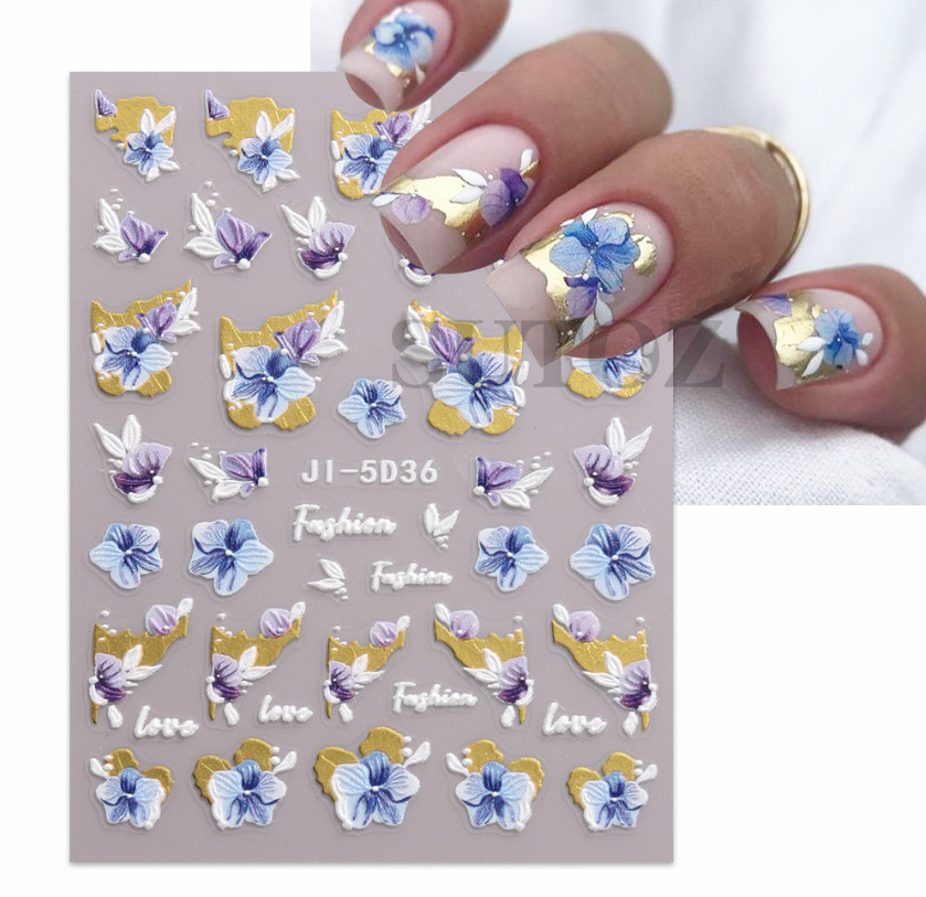 5D Embossed Blue Purple Butterfly Flower Cherry Love Nail Stickers Manicure NS54