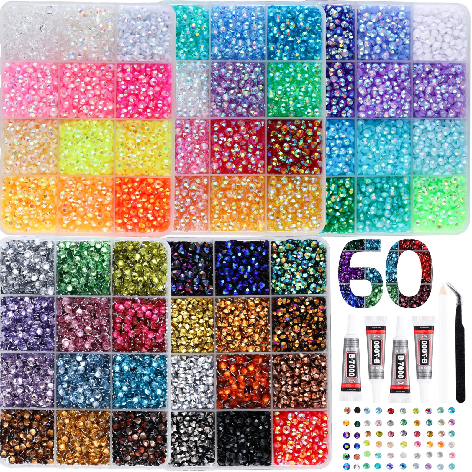 LERBOU 24000Pcs Bedazzling Kit for 60 Colors Rhinestones with 5 Box Diamond A…