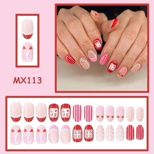 Valentine’s Day Press on False Nails Short Oval Fake Nails French Tip Style-12