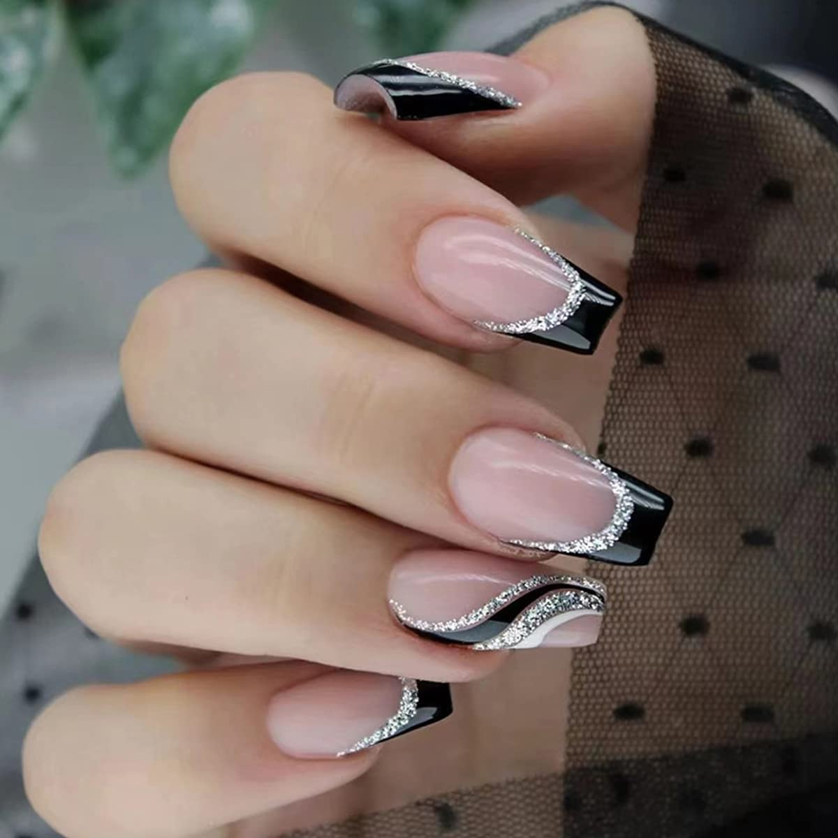 24PCS Black French Tip Press on Nails Medium Length Square Fake Nails with Silve