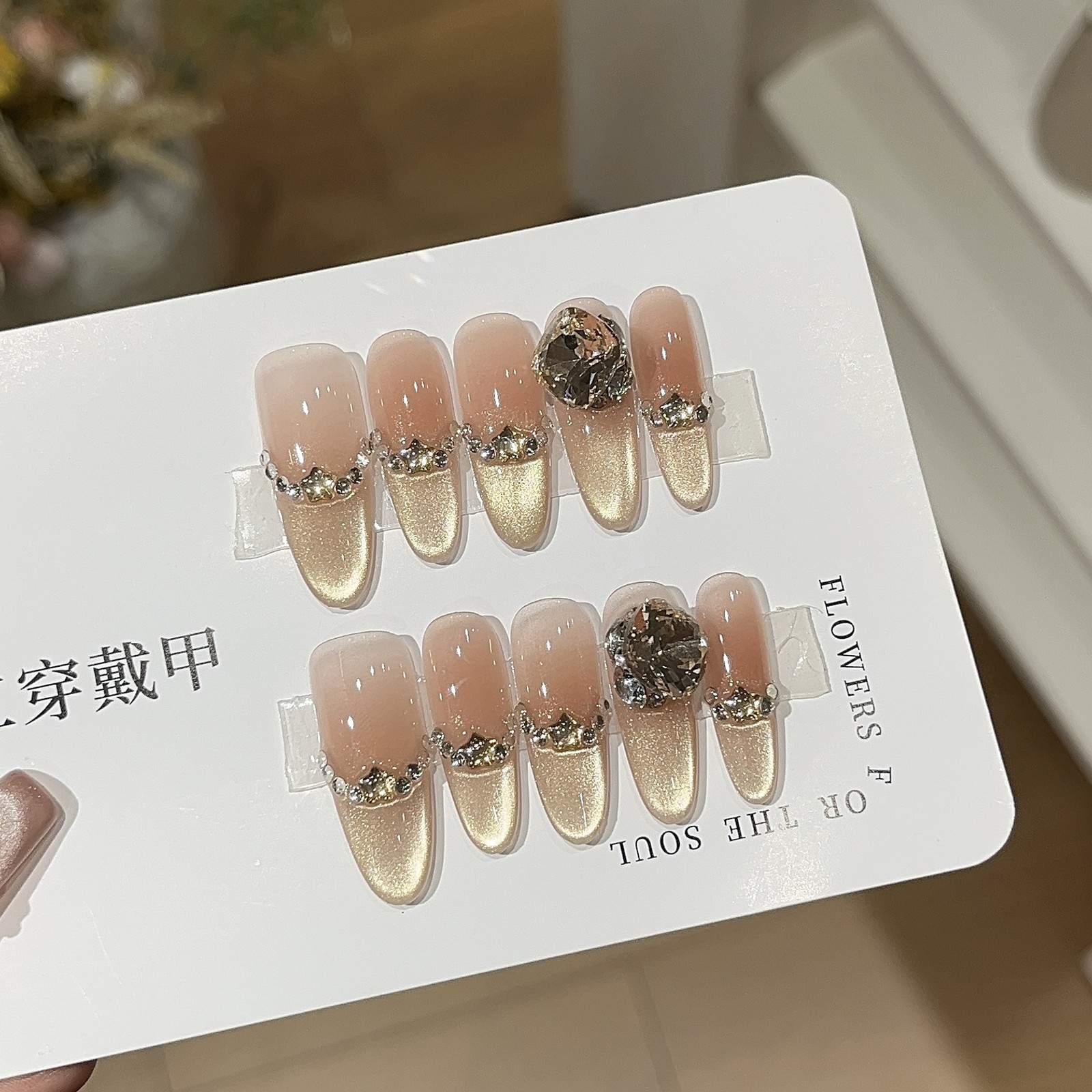 10Pcs Handmade Clear Gradient Nails Slant Rhinestone Pearl Stacked Daily Casual