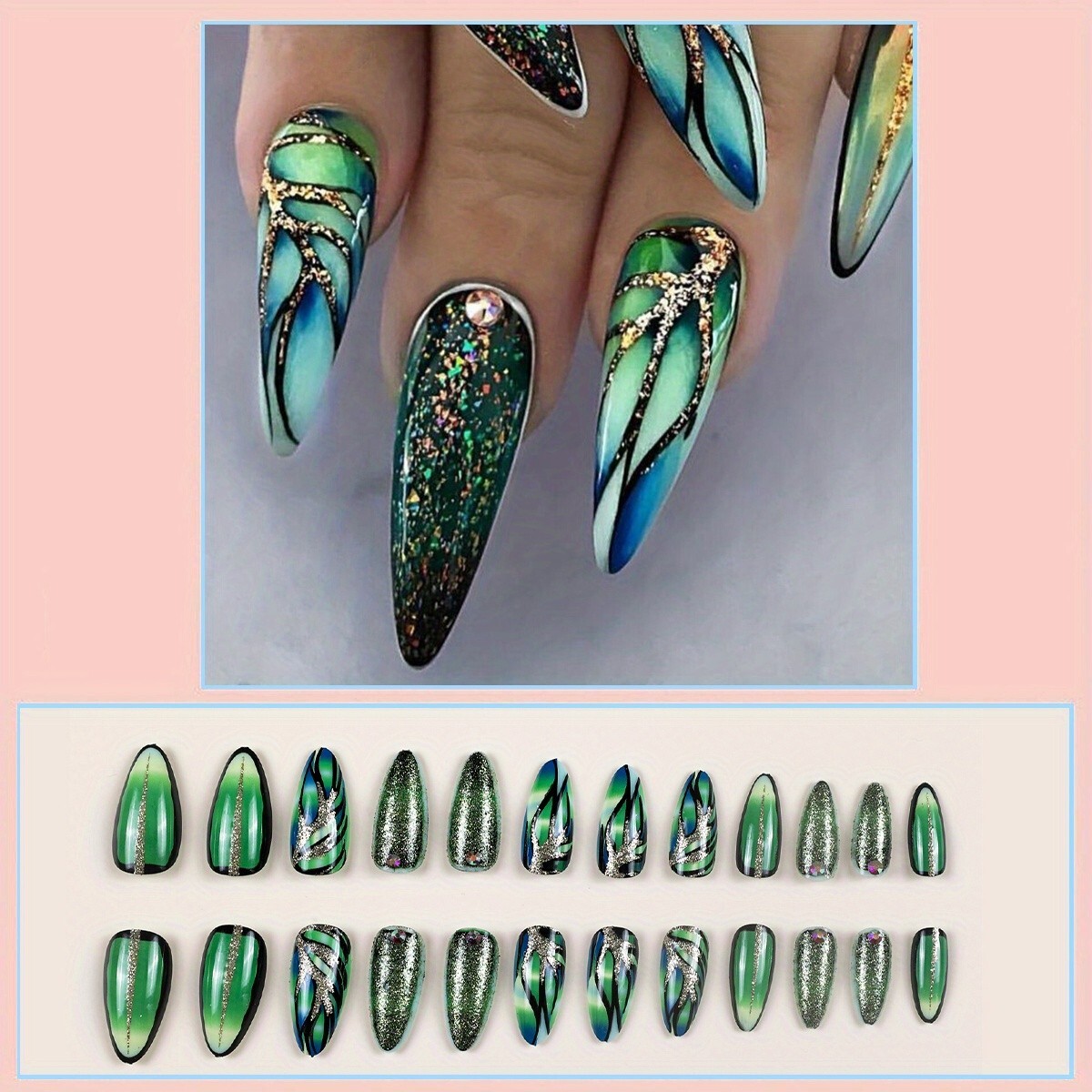 24pcs Glamorous Ombre Green Stiletto False Nails – Luxurious Glossy Finish with