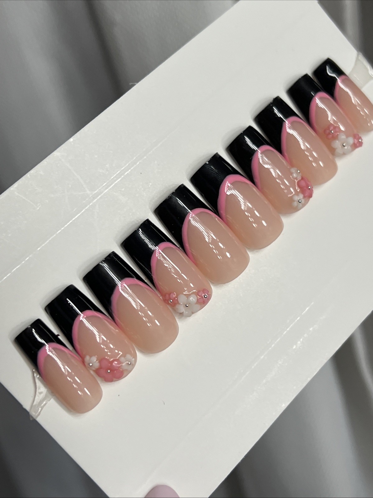 🌸 CUSTOM Press On Nails FRENCH BLACK Flower PINK 10p SET W Kit