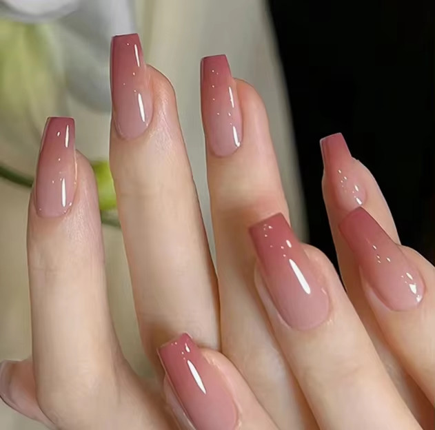24pcs Glossy Pink Press-On Nails – Medium Square Full Cover Fake Nails