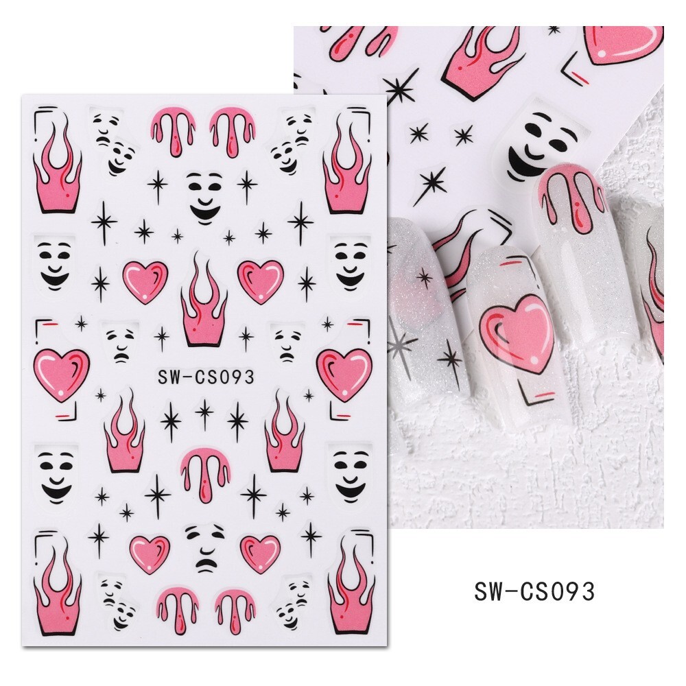 6Pcs Clown Nail Sticker 3D Halloween Candle Star Comic Heart Flame Graffiti NS52