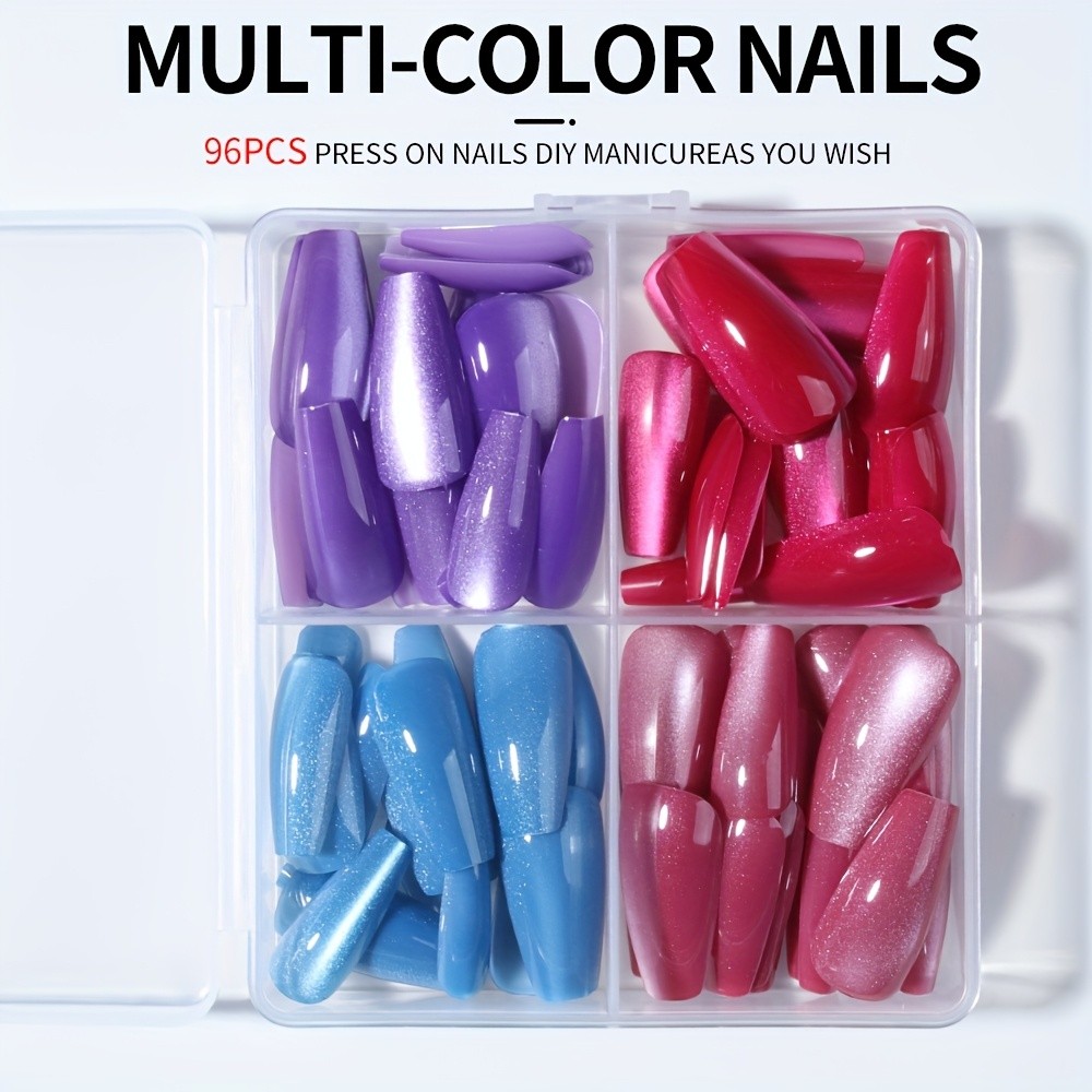96pcs(4Pack) Long Cat-Eye Press On Nails Reusable Detachable Fashion False Nails