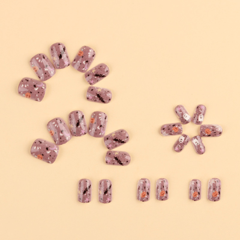 48Pcs-Short Square Nude Speckled Ghost Pumpkin Bat Halloween Fake Press on Nails