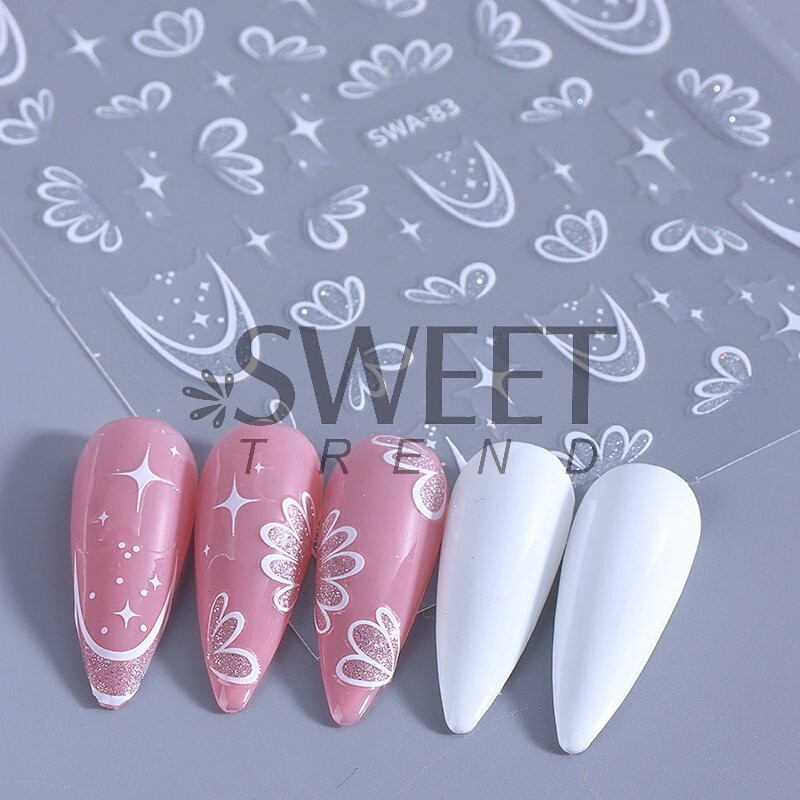 2Pcs White Pink Glitter Flower Floral Star French Nail Art Stickers Decals NH28