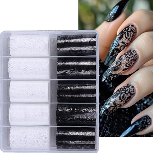 10 Rolls Lace Nail Art Foil Transfer Sticker Kit Black White Flower Foil W2