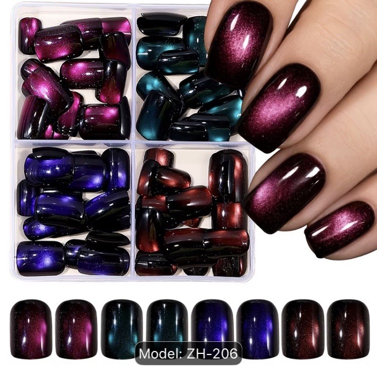 96pcs Short Square Glossy Cat Eye Nail Set Blue, Purple, Pink,Lake Blue Press On