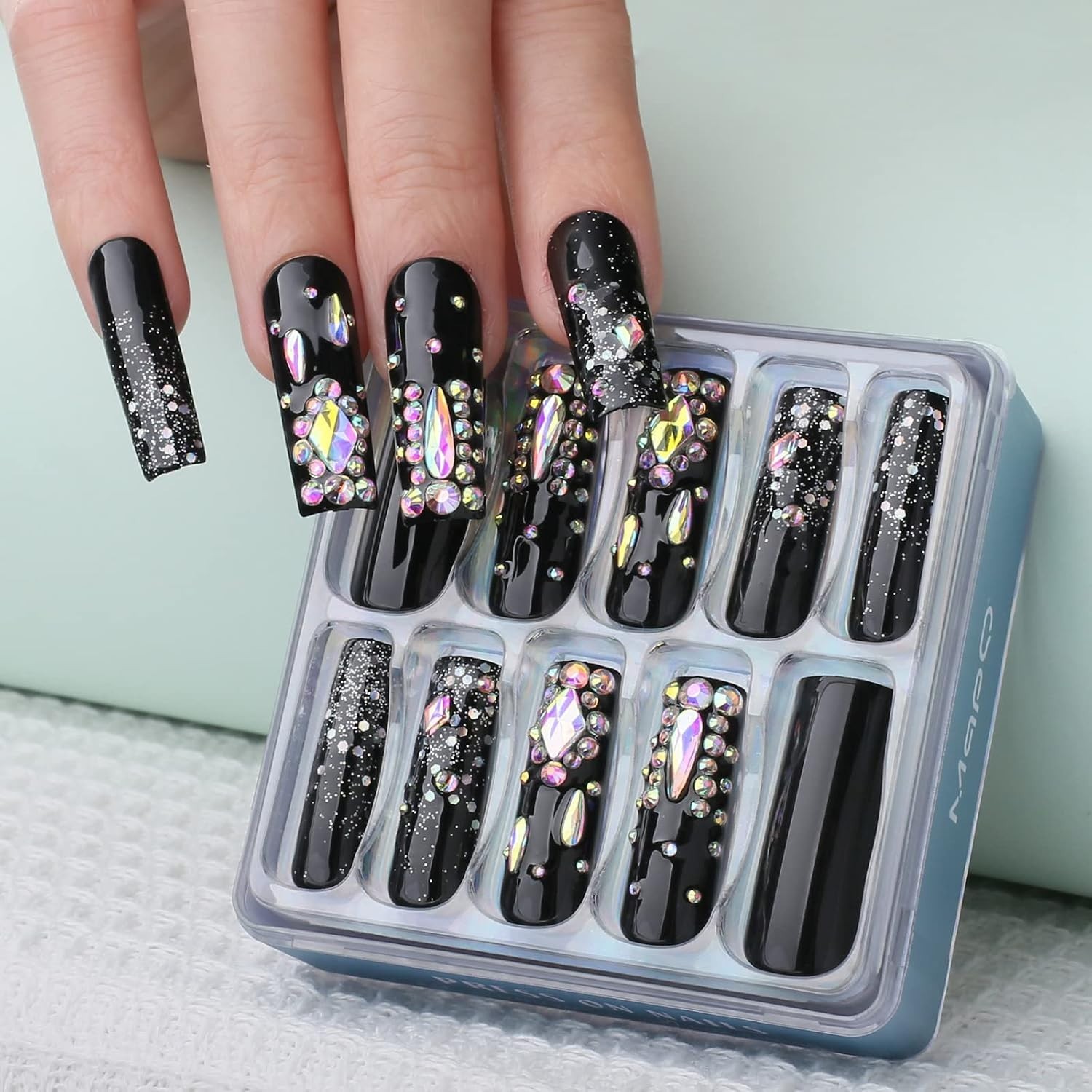 Comfortable Long Square Black Glitter Nails – Effortless Glam for Every Occasion