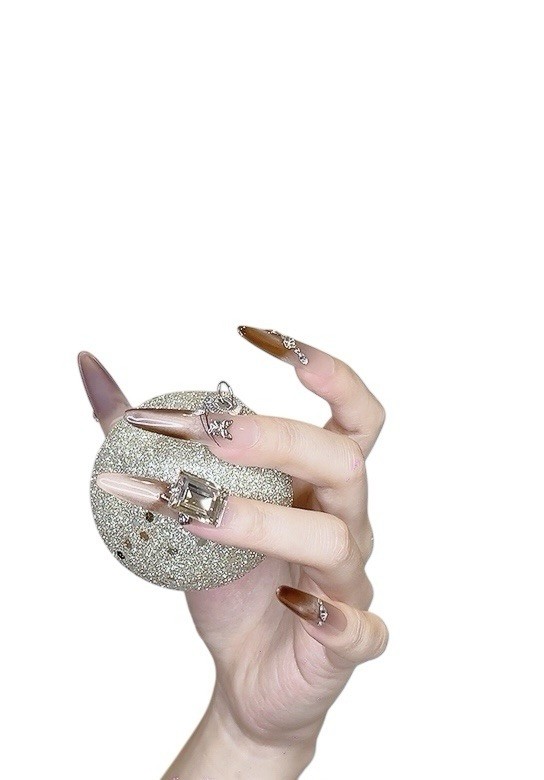 Press on Nails Long Oval Brown Color Square Rhinestone (085)