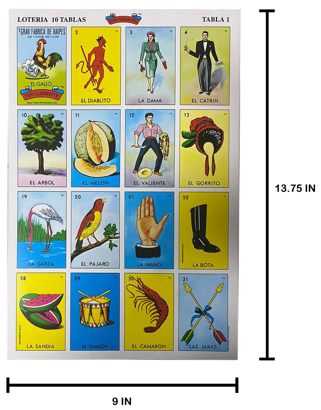 Loteria Mexicana Tradicional Jumbo 14 x 9 inches, Yellow, Green, Red, Blue