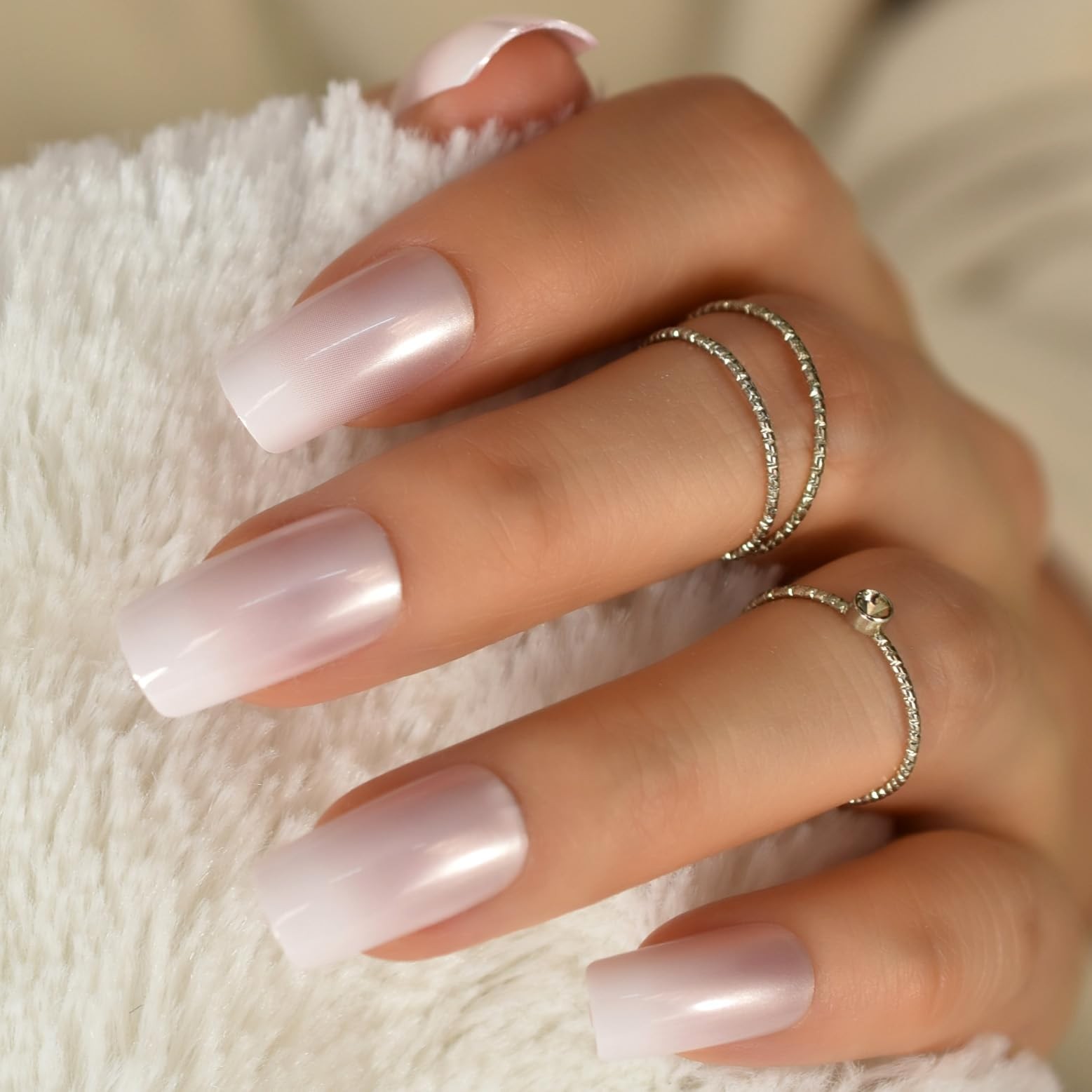 Elegant Pearl Pink French Press On Nails Medium – Ombre Acrylic False Glue On…