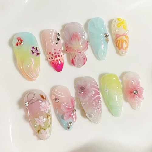 24 Pcs Flower Press on Nails Medium Almond French Tip Fake Nails Spring Nails-1