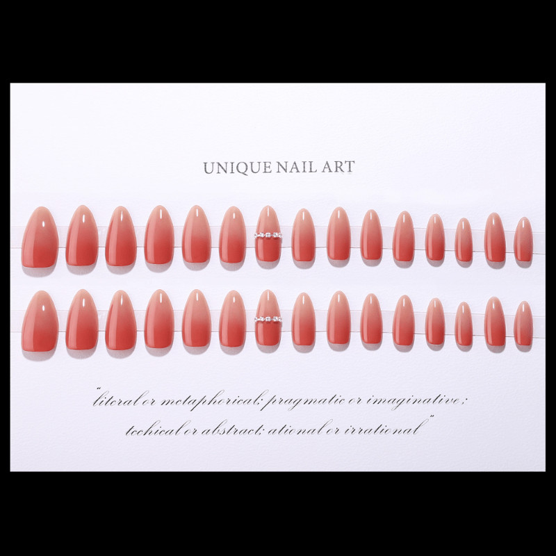 60Pcs Peach Gradient Rhinestone Almond Press on Nails, Elegant Nude Fake Nails