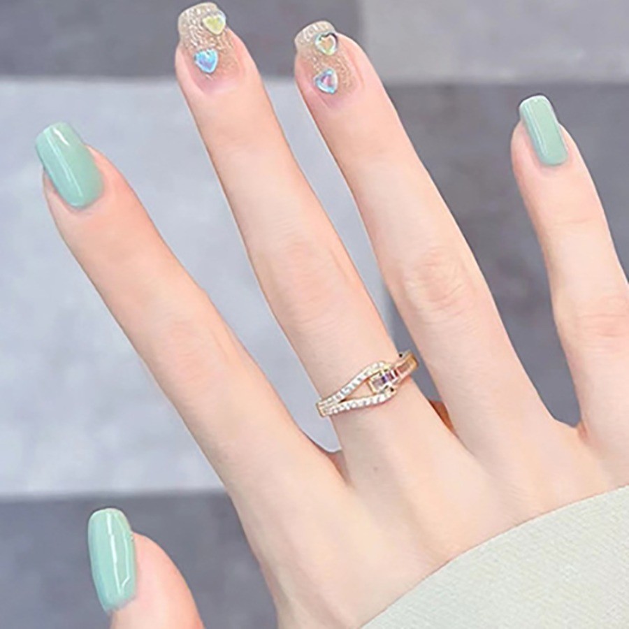 48Pcs Short Square Press on Nails, Mint Green Nails with Heart Rhinestone Decor