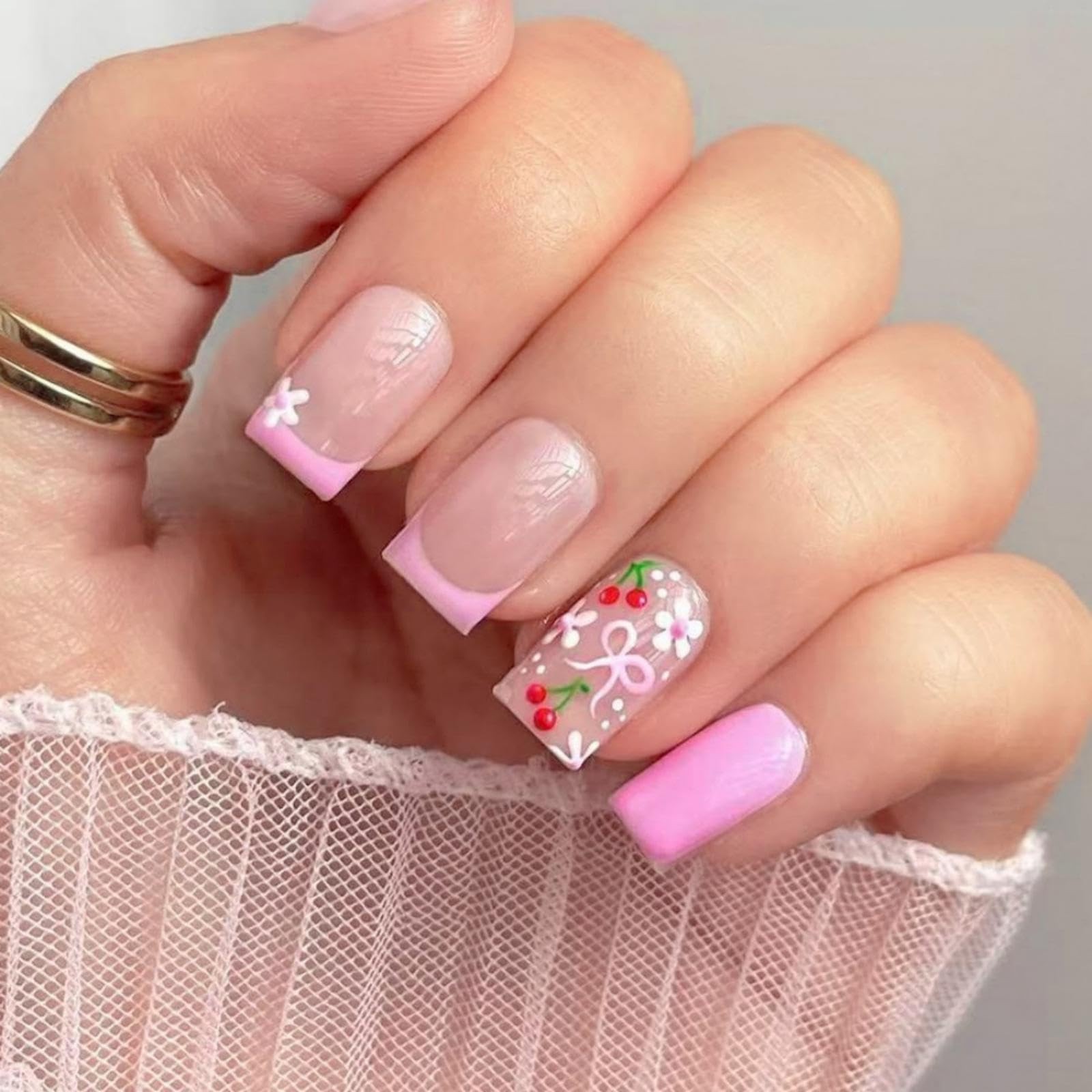 French Tips Press on Nails Medium Square Fake Nails with Flower Bow Design Gl…