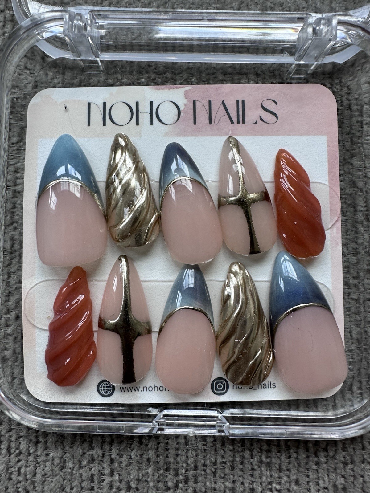 Multicolor 3D Press On Nails Medium Stiletto Orange Blue Silver