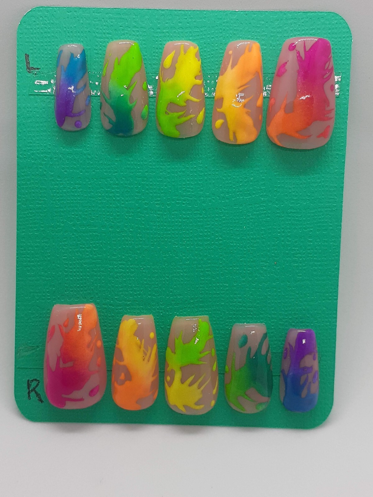Rainbow Paint Splatter Neon Bright Summer Tropical Nude Vacation Press On Nails