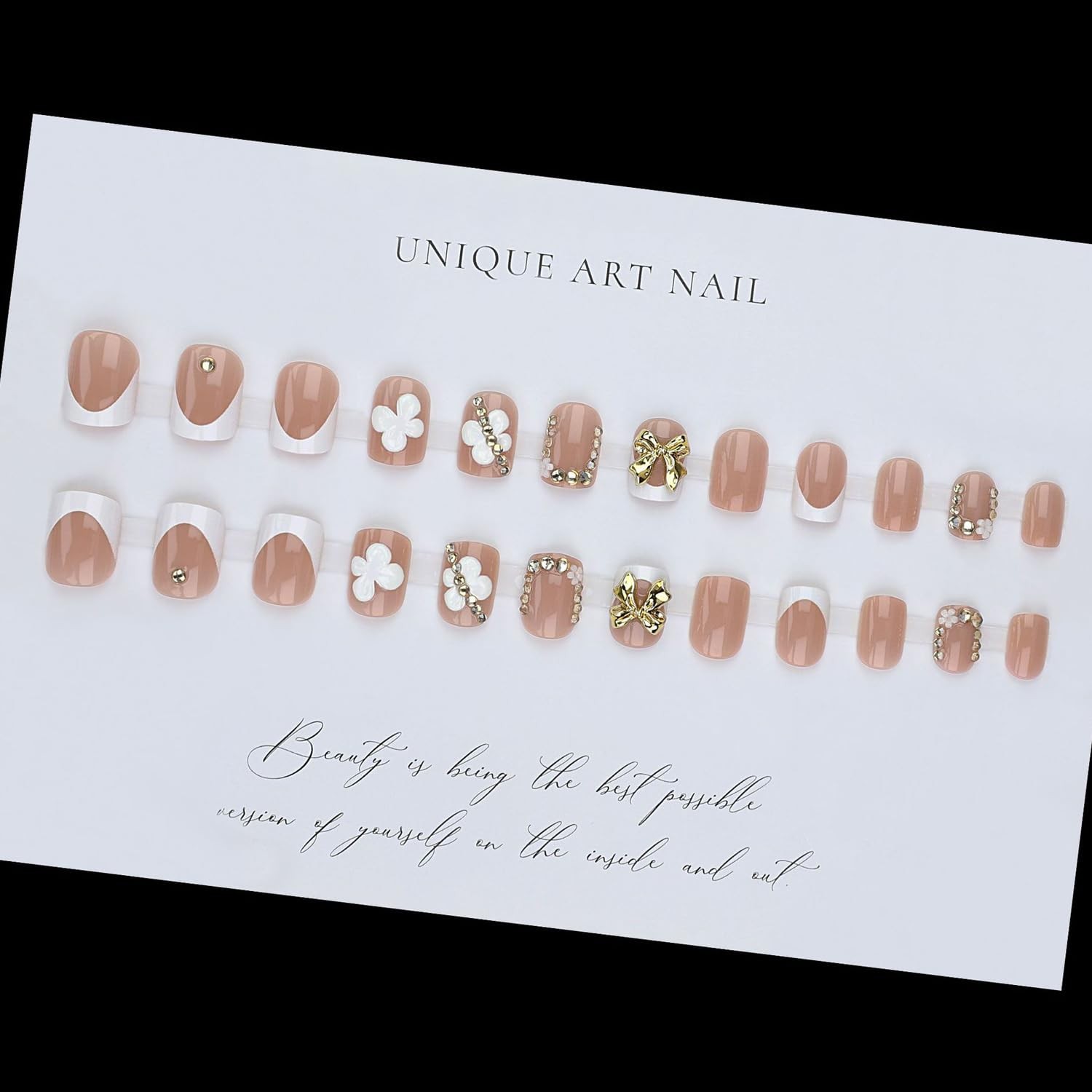 French Tip Press On Nails Short Square – Nude Pink Fake Nails with Gold Bow &…