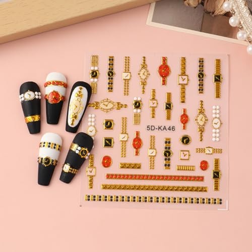 Gold Nail Stickers for Nail Art Wrist Watch Clock Nail Decals 5D Style-12
