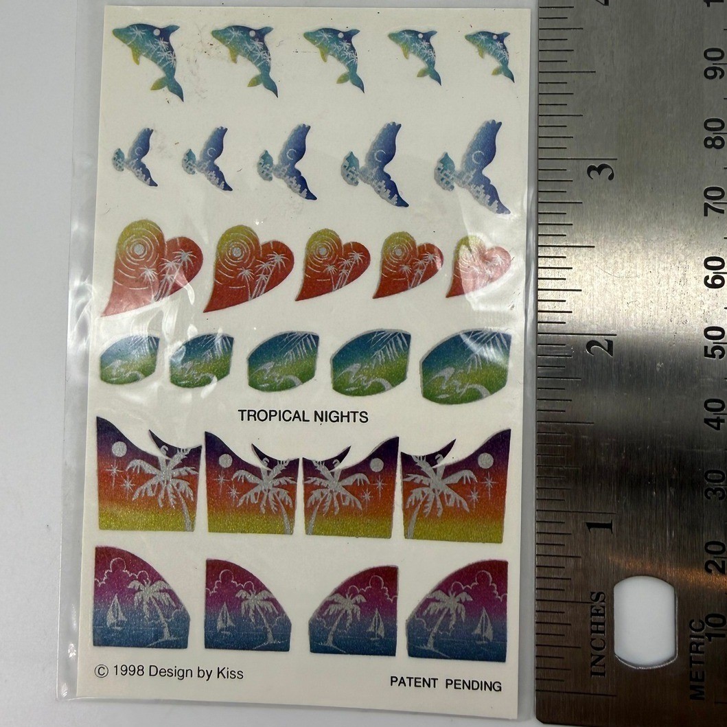Vintage 1998 Kiss Nail Art Tropical Nights Decals Palm Tree Dolphin Glitter 90s