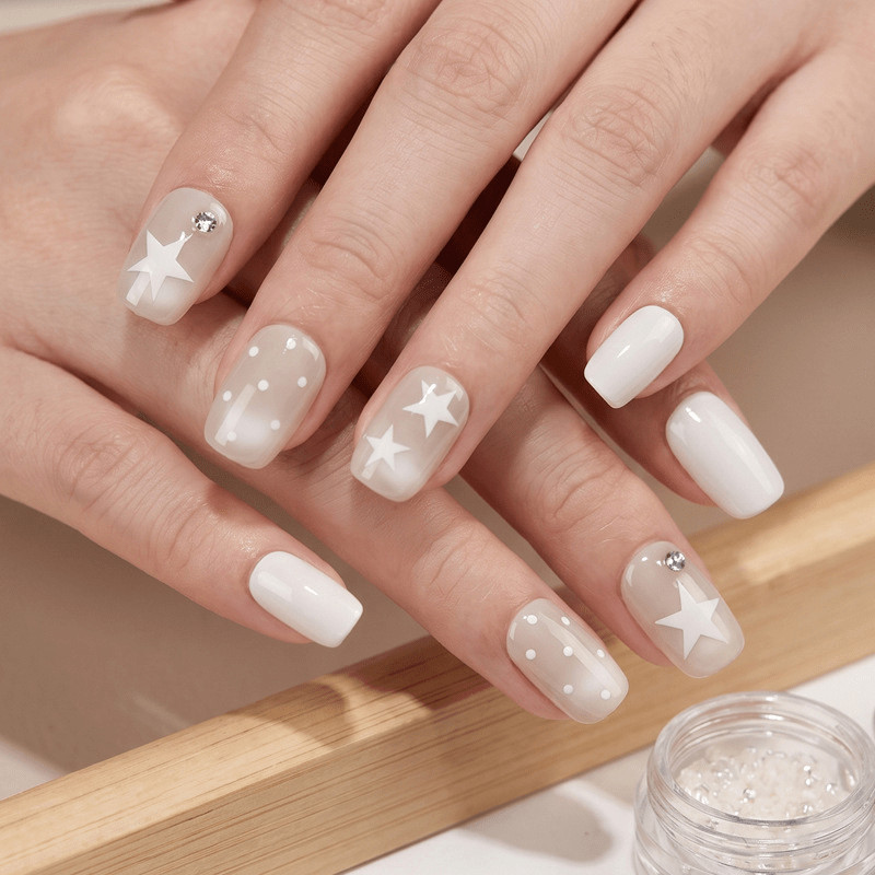 60Pcs-Medium Square Milky White Gradient White Star Polka Dot Press on Nails