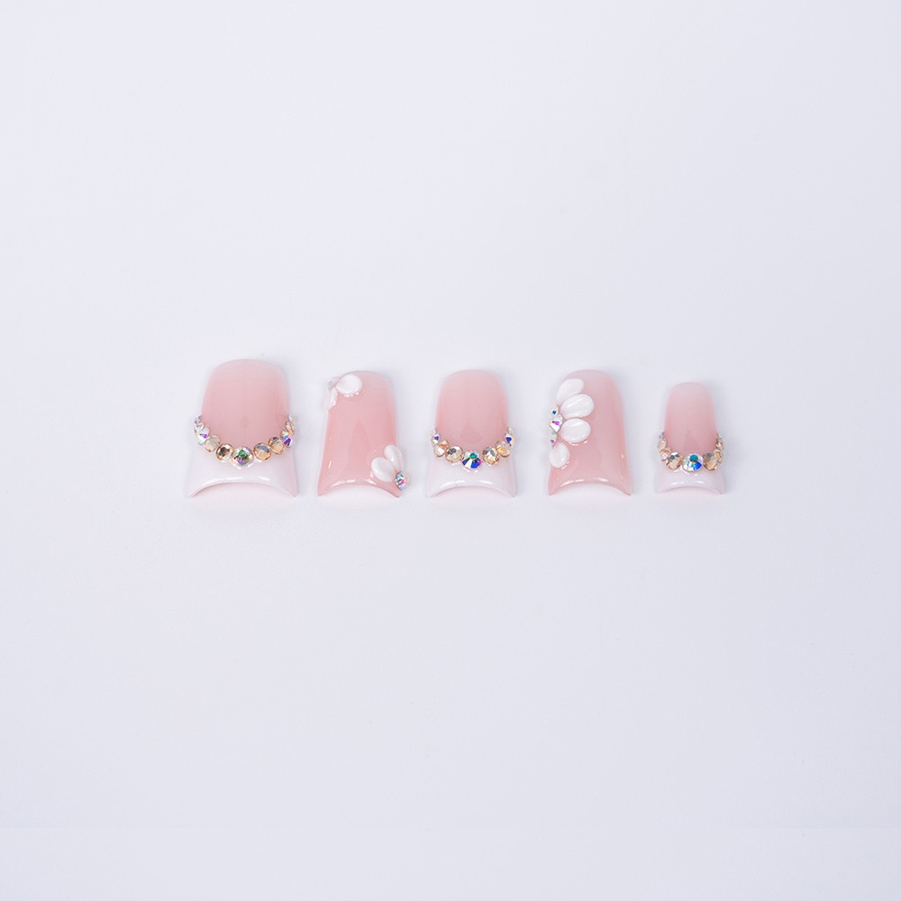 Handmade Flower Press On Nails Pink Crystal Chain Duckbill Fake Nails Reusable