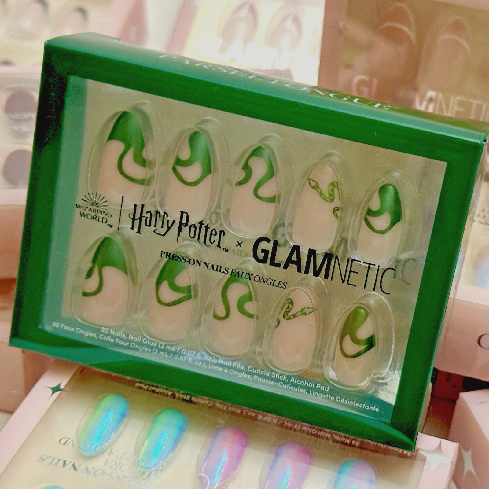 GLAMNETICS Press On Nails PARSELTONGUE Almond BRAND NEW Green HARRY POTTER Snake