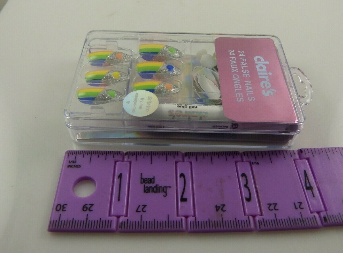 faux nails rainbow stripes colors heart glue elegant silver glitter Claire’s