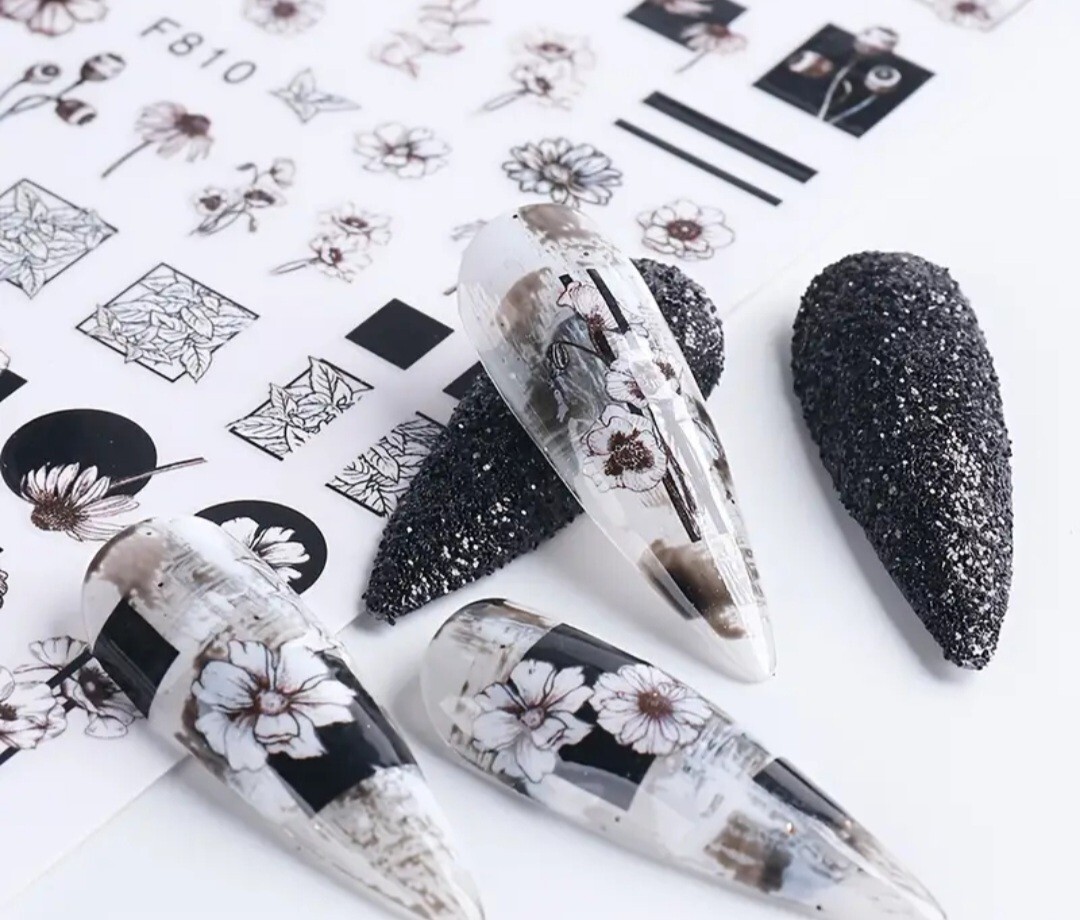 Floral Black & White Nail Art Transfer Stickers Flowers Line Art Artistic