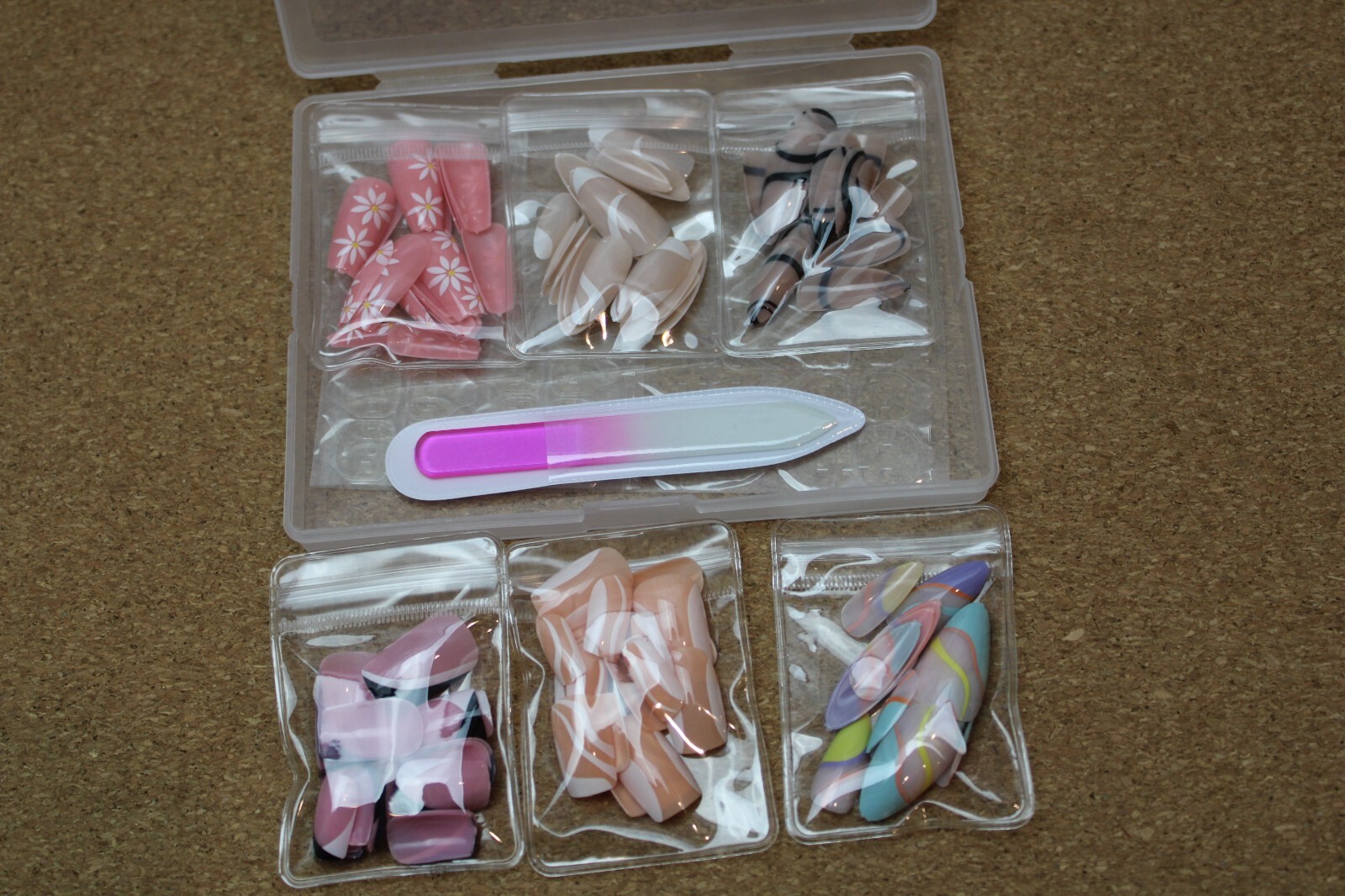 144 pcs Women Nails 6 Designs Pink flowers Multi color Fake Nails