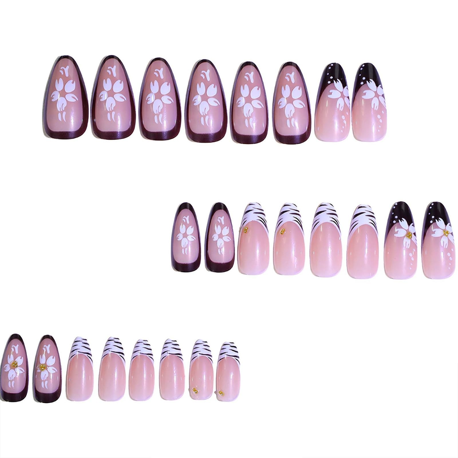 Zebra Print Press on Nails Medium Almond Fake Nails with Gold Bead Designs Fa…