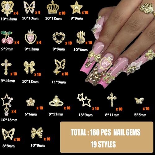 160pcs Gold Nail Charms 3D Butterfly Cherry Heart Cross Bow Star Dollar Flower C