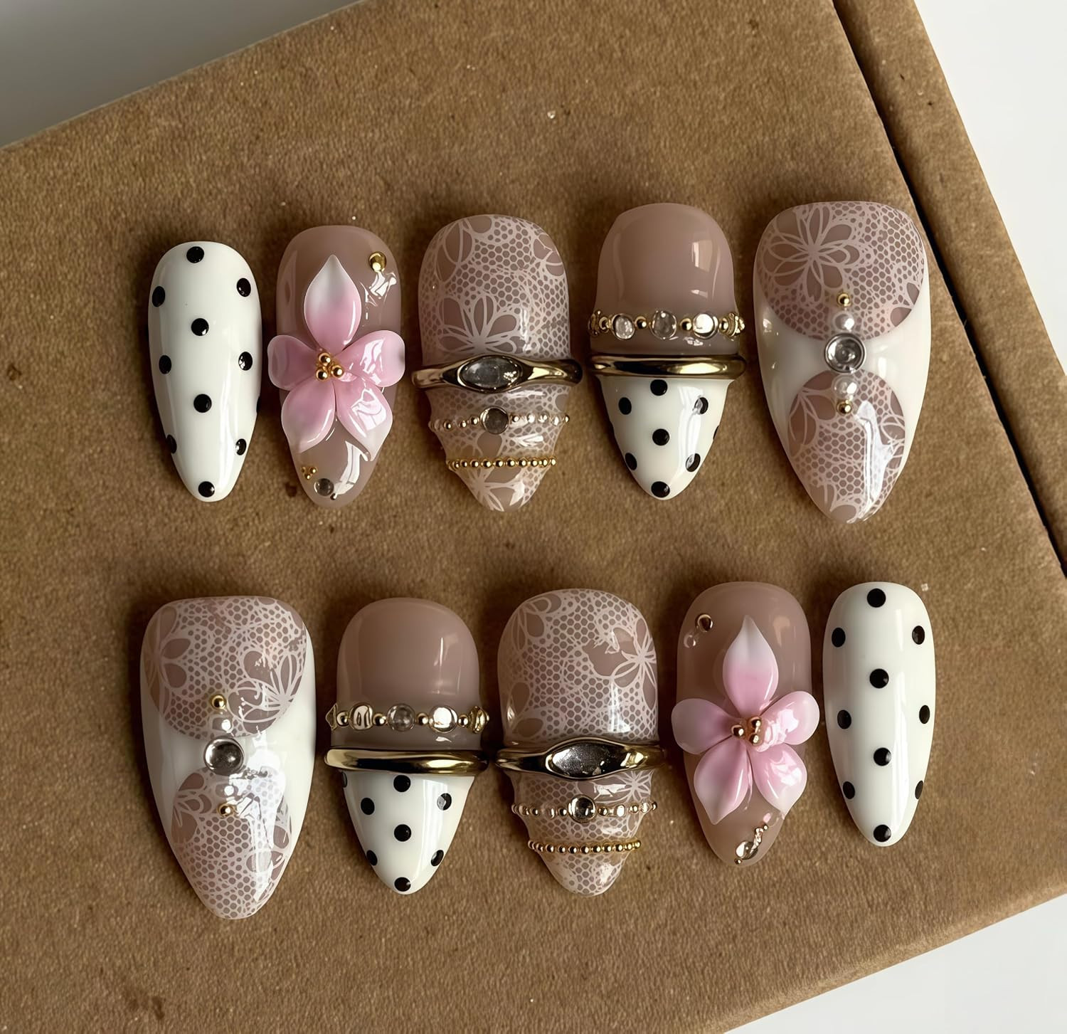 24Pcs 3D Flower Press on Nails Almond Polka Dot French Tip Fake Nails with Flora