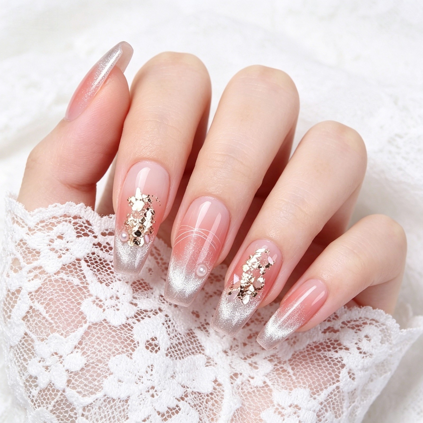 Blush Gradient Cat Eye Coffin Nails Gold Foil Glitter Press On False Nails Brida