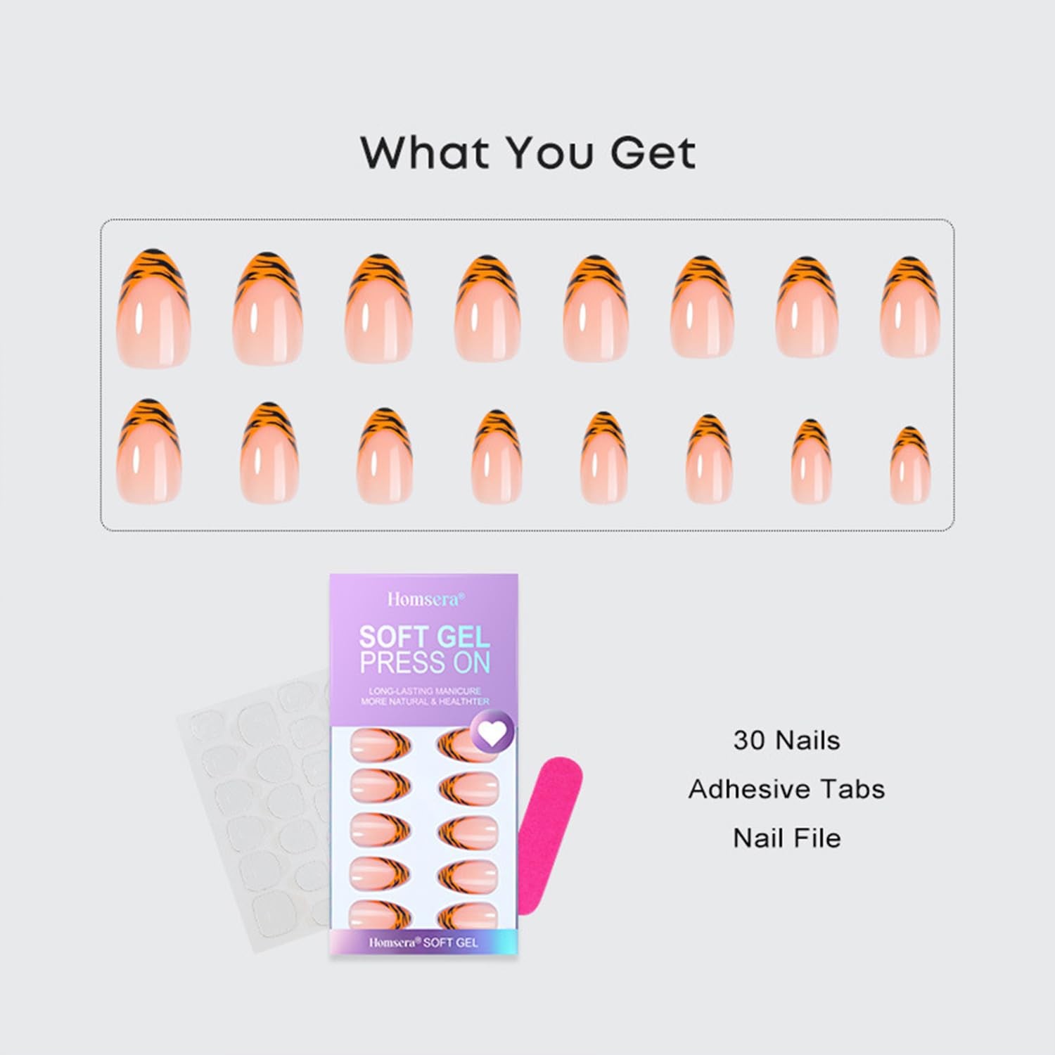 French Tip Press on Nails Short Almond Fake Nails with Orange French Tip Leop…