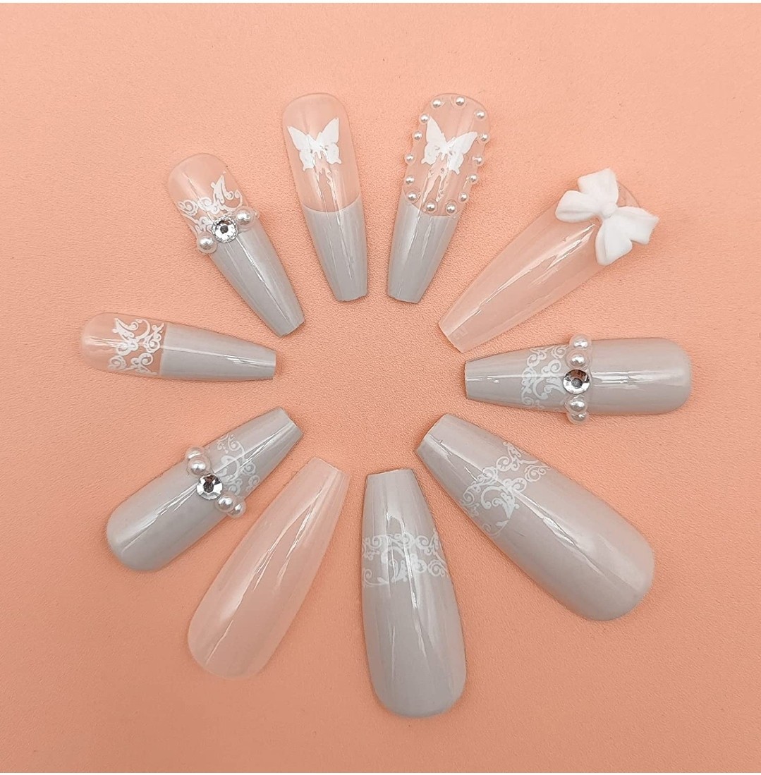 24 Ombre Nude Glitter pale gold Press On Nails w/ Glue champagne square long