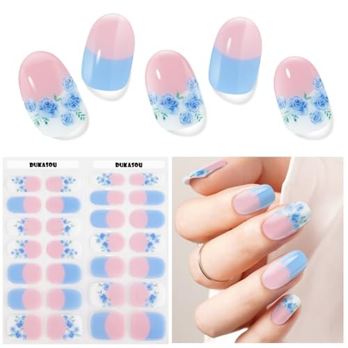 Semi Cured Gel Nail Strips | 28 pcs Chinese Style Gel Nail Blue Rose French