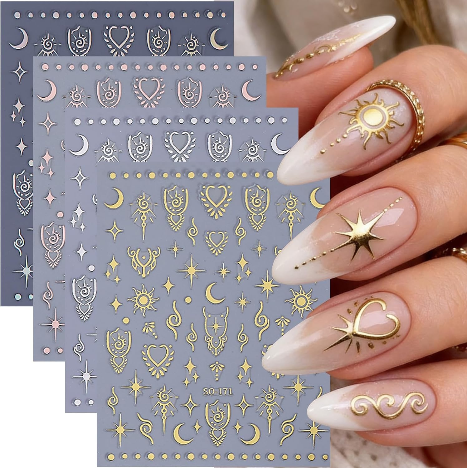 Elegant Holographic Nail Decals – 12 PCS Sun Heart & Stars for Every Occasion