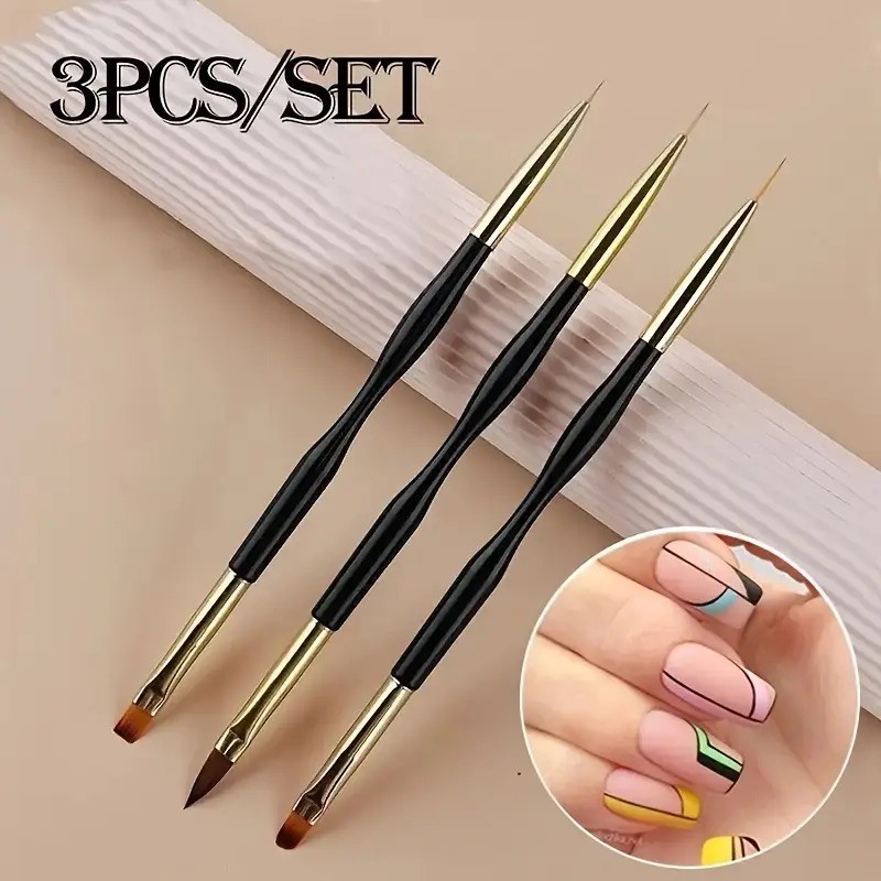 3PCS Double-Ended Nail Art Brush Set | Black Handle Gel Painting & Liner Brushes