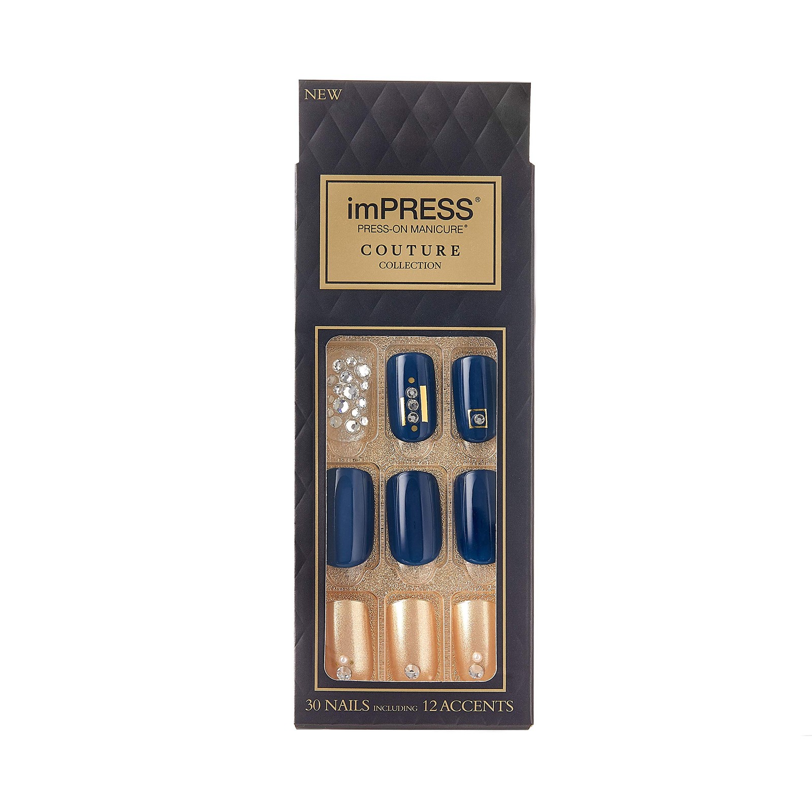Kiss Impress Press-on Manicure One-Step 30 Count (Pack of 1), Navy Blue,Gold
