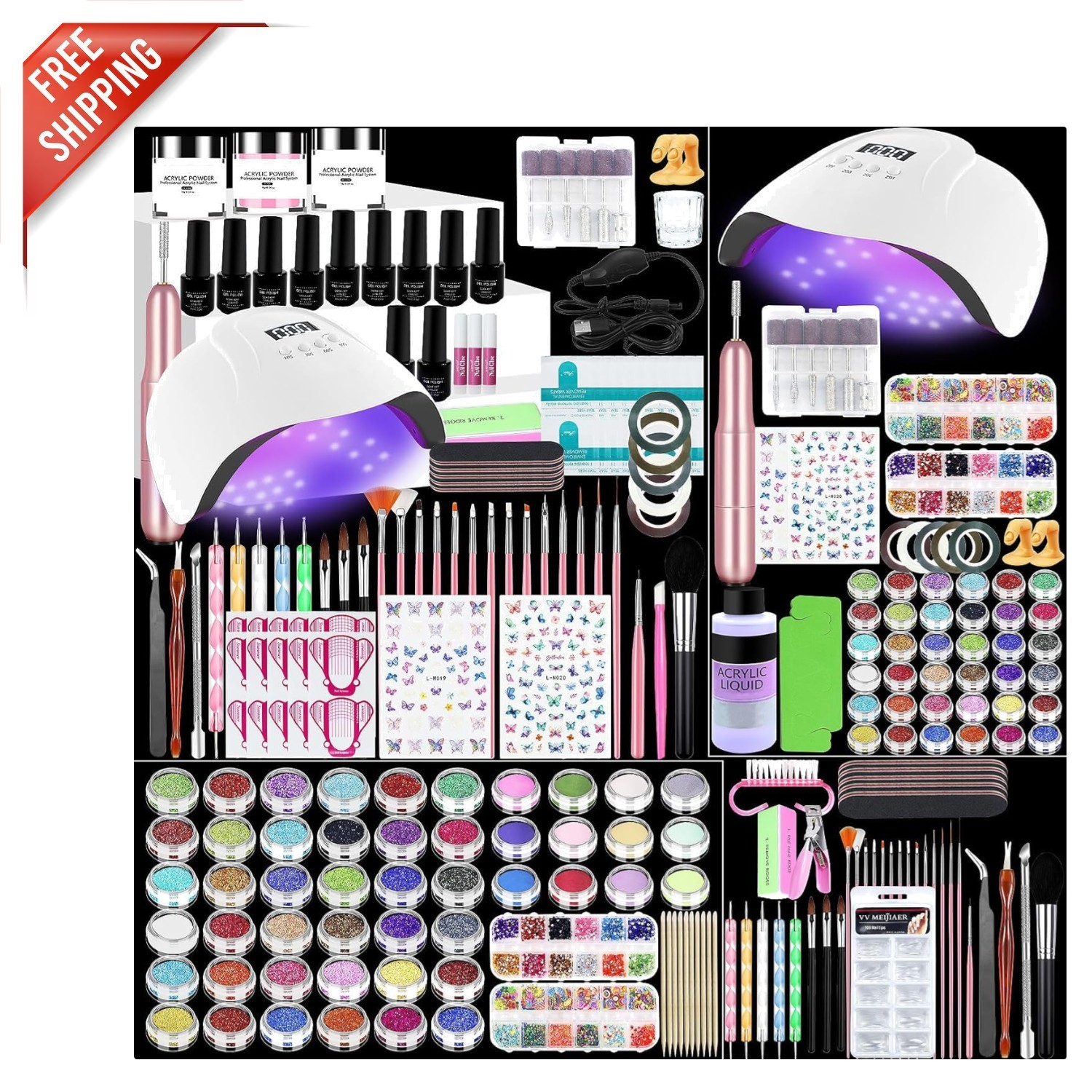 Multicolor Acrylic Nail Starter Kit with UV Lamp & Electric Nail Drill Included