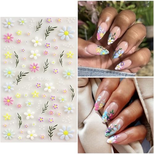 Flower Nail Art Stickers Daisy Nail Decals for Women | 5D Embossed Colorful-01