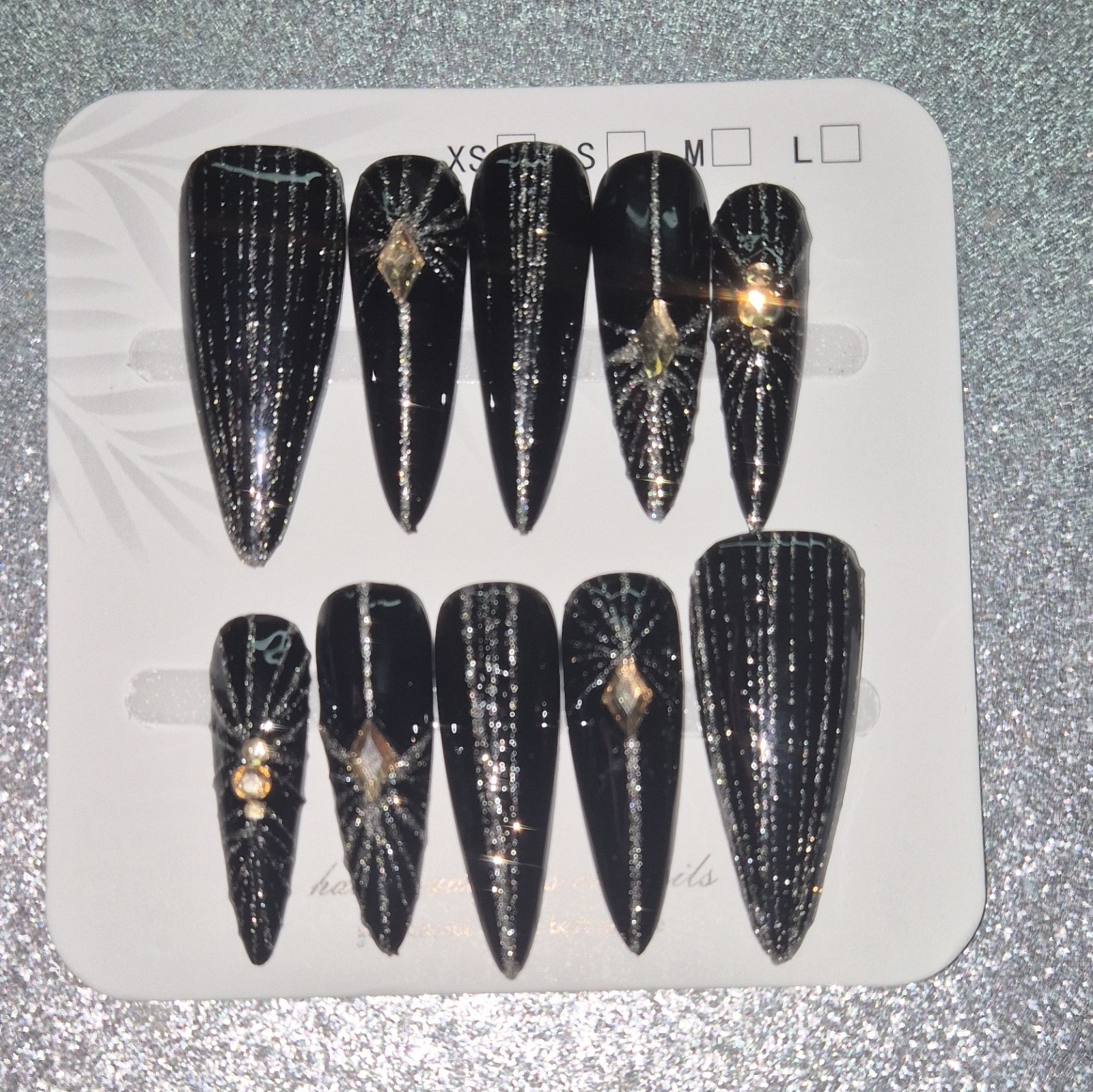 Black Silver Glitter 3D Rhinestone Coffin Press-On Nails Set Full Cover Long
