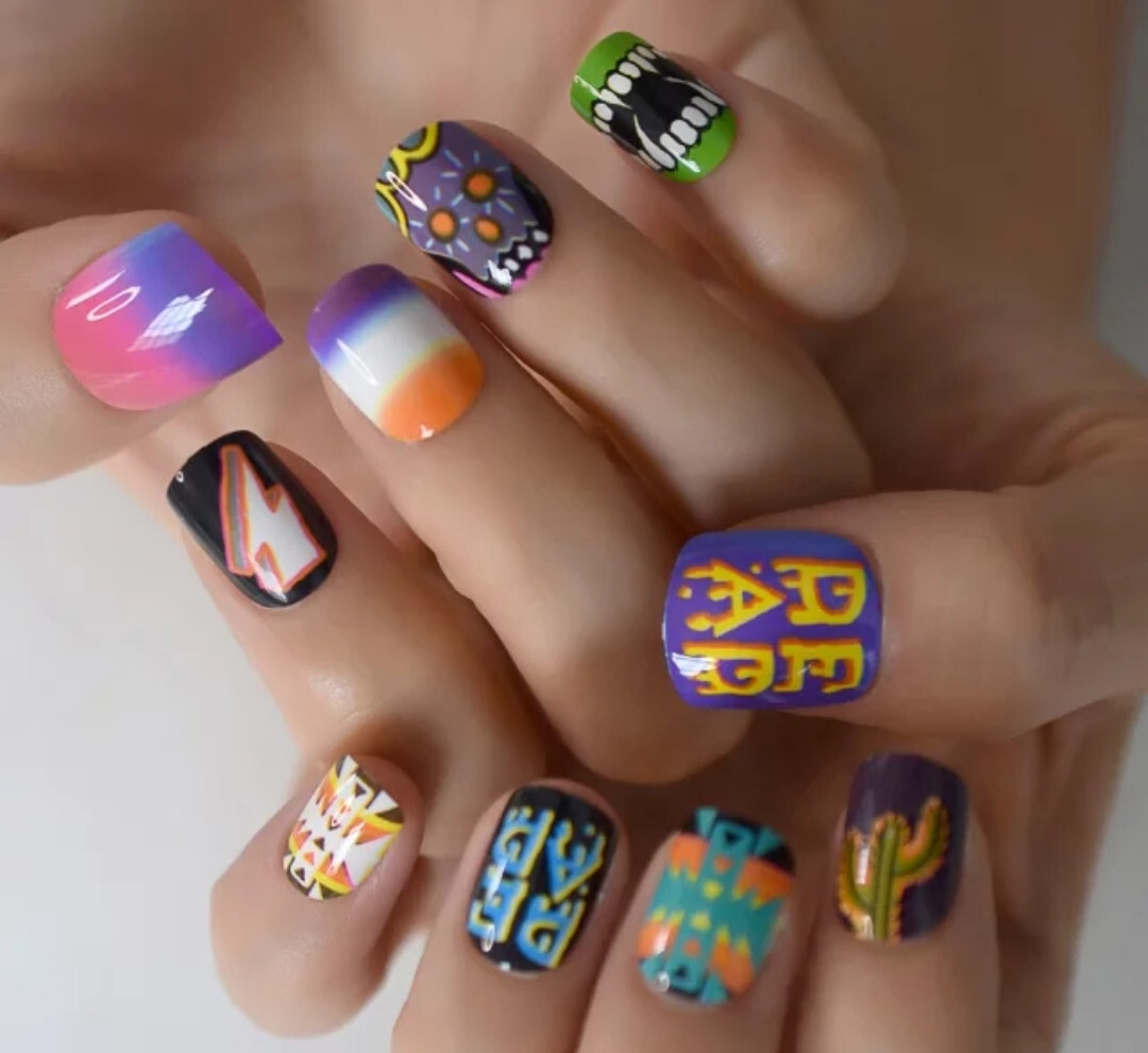 24 Short Press on nails kit w glue harajuku unique funky design black pink green