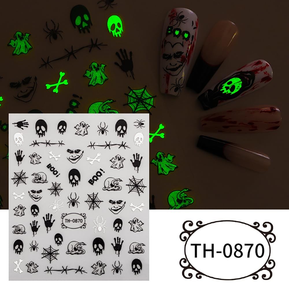Halloween Nail Stickers, 6 Sheets Black Ghost Nail Decals 3D Self-Adhesive Small