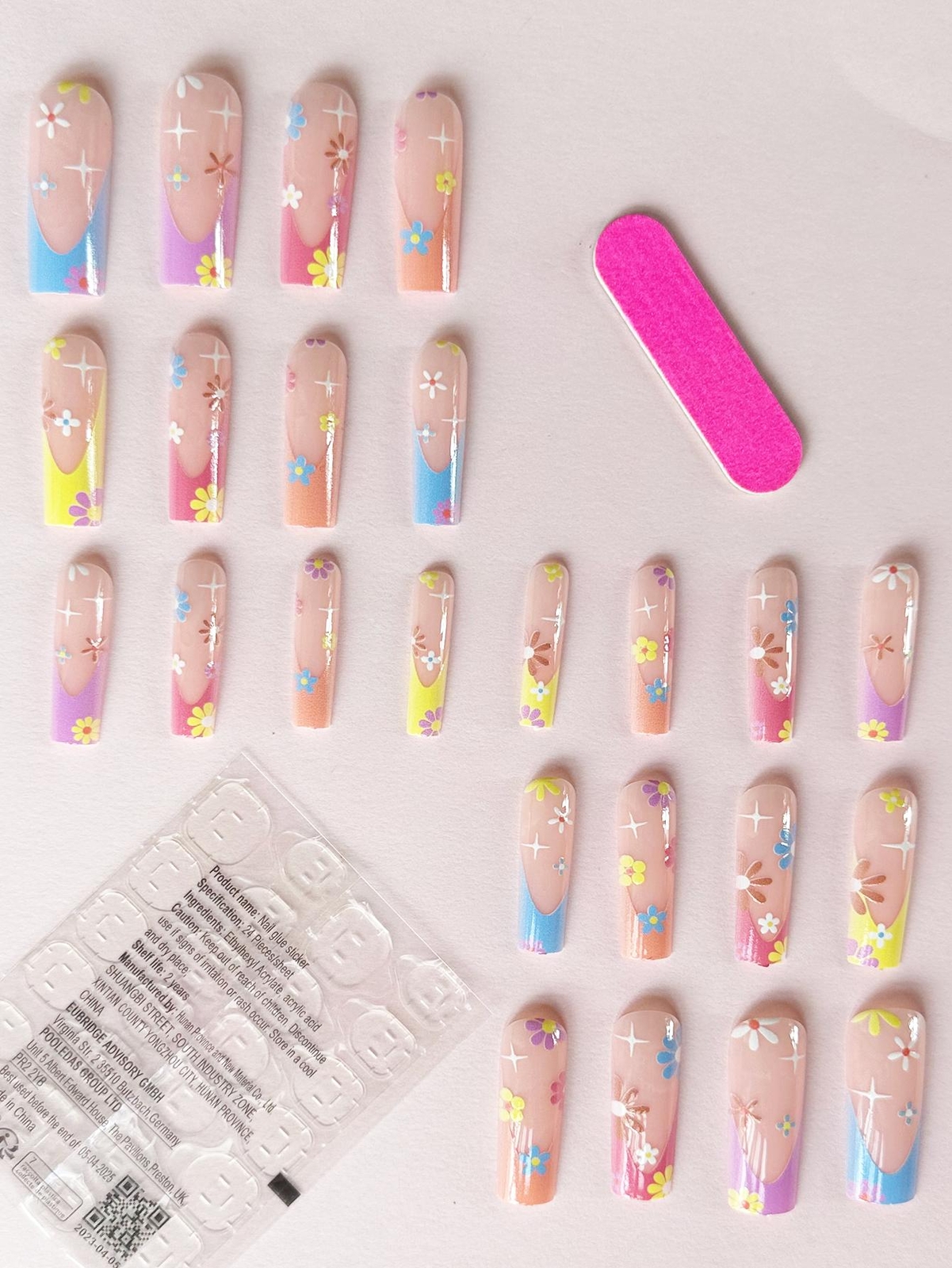 24pcs Long Square Sunset Ombre Flower Fake Nail Kit False Nails Press On Nails