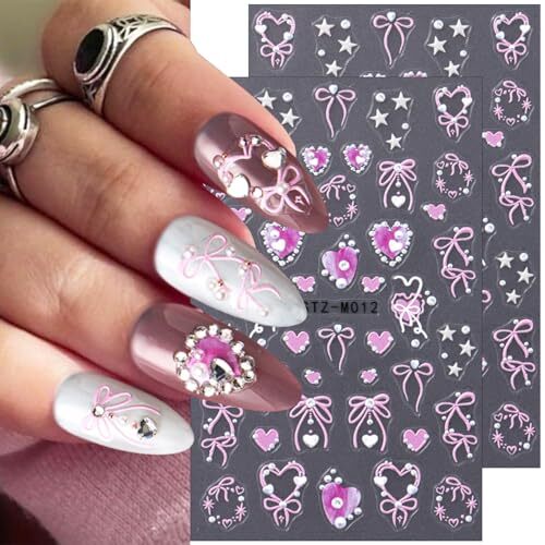 2 Sheets Pink Valentines Day Nail Stickers 3D Self Adhesive Heart Nail Art